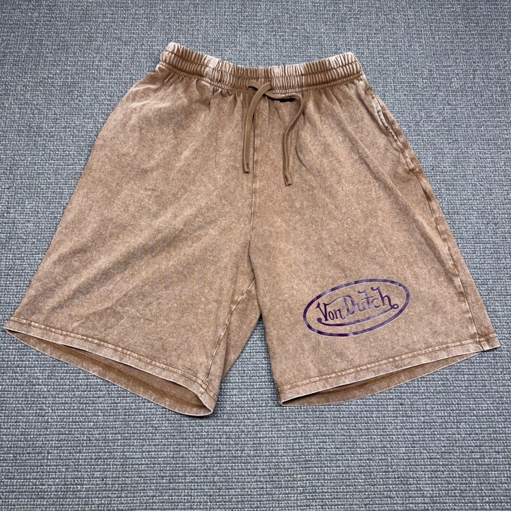Von Dutch Mens Brown Acid Wash Sweat Shorts Purple Logo Size Small‎
